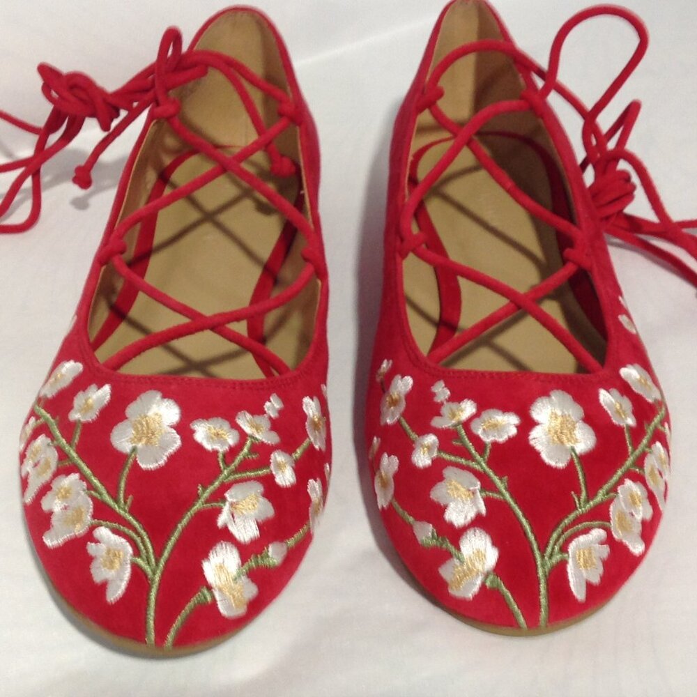 NWOB red suede ballet flats with ties 9